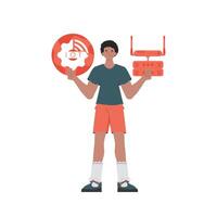 A man holds the internet of things logo in his hands. Router and server. IoT concept. Isolated. illustration in flat style. vector