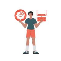 A man holds the internet of things logo in his hands. Router and server. IoT concept. Isolated. Vector illustration in flat style.