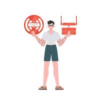 A man holds the internet of things logo in his hands. Router and server. Internet of things and automation concept. Isolated. Vector illustration in trendy flat style.