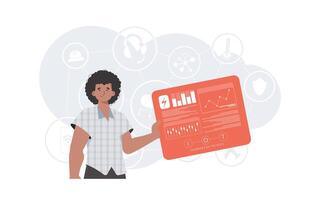 Internet of things concept. A man holds a panel with analyzers and indicators in his hands. Good for websites and presentations. Vector illustration in flat style.