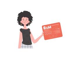 A woman holds a panel with analyzers and indicators in her hands. Internet of things concept. Isolated. Vector illustration in trendy flat style.