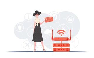 Internet of Things Concept. A woman holds a panel with analyzers and indicators in her hands. Good for websites and presentations. Vector illustration in trend flat style.