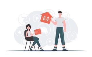 Internet de cosas concepto. un hombre y un mujer son un equipo en el campo de el Internet de cosas. bueno para presentaciones y sitios web vector ilustración en plano estilo.