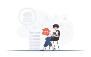 Internet of things concept. The girl sits in a chair and holds an icon of a house in her hands. Good for presentations. Vector illustration in trendy flat style.