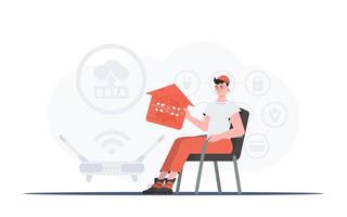 Internet de cosas concepto. un hombre se sienta en un Sillón y sostiene un casa icono en su manos. bueno para sitios web y presentaciones vector ilustración en de moda plano estilo.