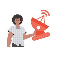 IOT and automation concept. The guy is holding a satellite dish in his hands. Isolated. Trendy flat style. Vector illustration.