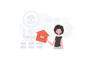 The woman is depicted waist-deep, holding an icon of a house in her hands. IOT and automation concept. Good for presentations and websites. illustration in trendy flat style. vector