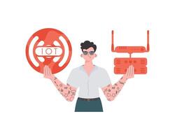 A man holds an internet thing icon in his hands. Router and server. IoT concept. Isolated. Vector illustration.