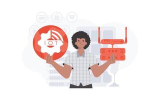 IoT concept. A man holds the internet of things logo in her hands. Router and server. Good for presentations and websites. Trendy flat style. Vector illustration.