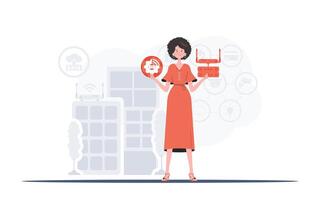 Internet de cosas y automatización concepto. un mujer es participación un Internet cosa icono en su manos. enrutador y servidor. bueno para presentaciones y sitios web vector ilustración en plano estilo.