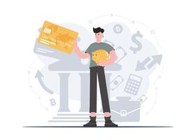 A man stands in full growth with a piggy bank and a credit card in his hands. Saving. Flat style. Element for presentations, sites. vector