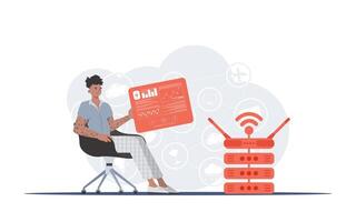 IoT concept. A man sits in a chair and holds a panel with analyzers and indicators in his hands. Good for websites and presentations. Trendy flat style. . vector