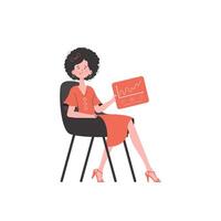 A woman sits in a chair and holds a panel with analyzers and indicators in her hands. Internet of things concept. Isolated. Vector illustration in flat style.