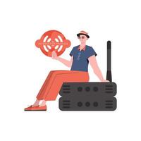 un hombre sostiene un Internet cosa icono en su manos. enrutador y servidor. Internet de cosas y automatización concepto. aislado. vector ilustración en plano estilo.