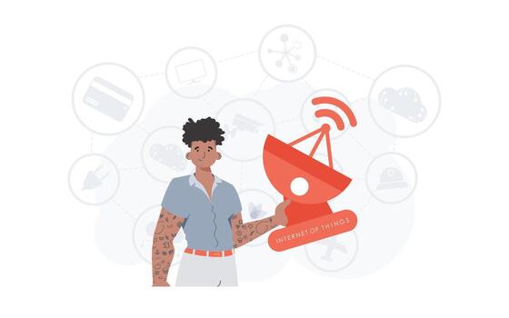 A man holds a satellite dish in his hands. IOT and automation concept. Good for presentations and websites. Vector illustration in flat style.