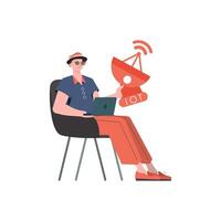 Internet of things and automation concept. The guy is holding a satellite dish in his hands. Isolated on white background. Trendy flat style. illustration. vector