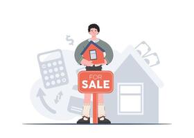 A man stands in full growth is engaged in the sale of a house. Property For Sale. Flat style. Element for presentations, sites. vector