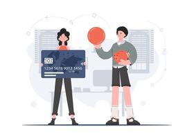 A woman and a man stand in full growth with a piggy bank and a credit card in their hands. Saving. Flat style. Element for presentations, sites. vector