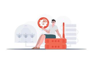 IoT concept. A man is holding an internet thing icon in her hands. Router and server. Good for websites and presentations. illustration in trendy flat style. vector