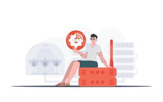 IoT concept. A man is holding an internet thing icon in her hands. Router and server. Good for websites and presentations. Vector illustration in trendy flat style.