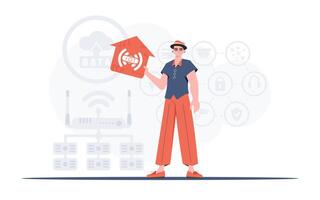 iot concepto. el hombre es representado en lleno crecimiento, participación el icono de el casa en su manos. bueno para presentaciones vector ilustración en de moda plano estilo.