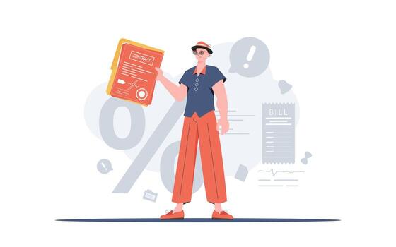 The man is holding a contract. The character is depicted in full growth. The concept of concluding contracts. illustration in a flat style. vector