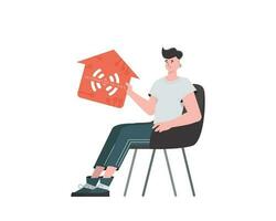 un hombre se sienta en un silla y sostiene un casa icono en su manos. iot concepto. aislado. vector ilustración en plano estilo.