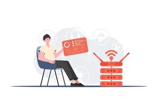 iot concepto. un hombre se sienta en un silla y sostiene un panel con analizadores y indicadores en su manos. bueno para sitios web y presentaciones vector ilustración en de moda plano estilo.