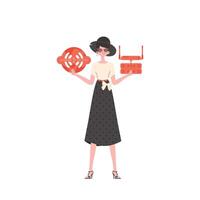 A woman is holding an internet thing icon in her hands. Router and server. IoT concept. Isolated. Vector illustration in flat style.