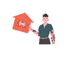 Internet of things and automation concept. The guy is shown to the waist. A man holds an icon of a house in his hands. Isolated. Vector illustration in trendy flat style.