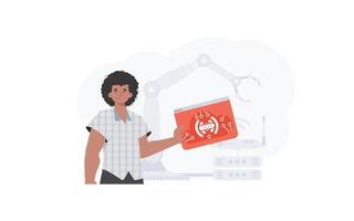 The guy is holding an internet thing icon in his hands. Internet of things concept. Good for websites and presentations. Vector illustration in trendy flat style.