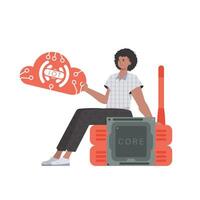 The guy sits on the router and holds the internet of things logo in his hands. IoT concept. Isolated. illustration in trendy flat style. vector