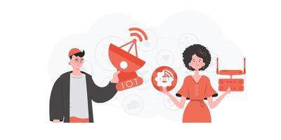 Internet de cosas y automatización concepto. el niña y el chico son un equipo en el campo de iot bueno para sitios web y presentaciones de moda plano estilo. vector. vector