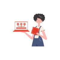 A woman holds a laptop and a processor chip in her hands. Internet of things concept. Isolated. Vector. vector