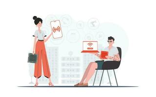 IOT and automation concept. The girl and the guy are a team in the field of Internet of things. Good for websites and presentations. Vector illustration in flat style.