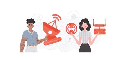 Internet of things and automation concept. The girl and the guy are a team in the field of IoT. Good for presentations and websites. Vector illustration in trendy flat style.