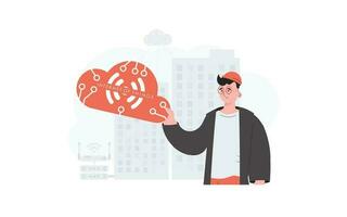 The guy is holding an internet thing icon in his hands. Internet of things and automation concept. Good for presentations and websites. Vector illustration in flat style.