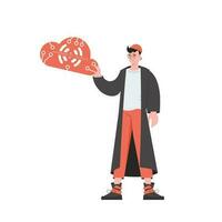 The guy holds the IoT logo in his hands. Internet of things concept. Isolated. Vector illustration in trendy flat style.