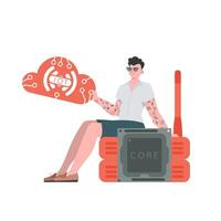 The guy sits on the router and holds the internet of things logo in his hands. IoT concept. Isolated. Trendy flat style. . vector