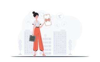 Internet of things and automation concept. The girl is holding a phone with the IoT logo in her hands. Vector illustration in trendy flat style.