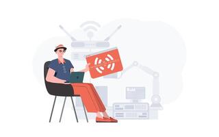 The guy is holding an internet thing icon in his hands. Internet of things concept. Good for presentations and websites. Vector illustration in trendy flat style.