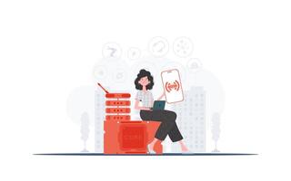 IOT and automation concept. The girl is holding a phone with the IoT logo in her hands. Vector illustration in flat style.