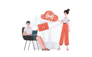 The girl and the guy are a team in the field of Internet of things. IOT and automation concept. Good for presentations and websites. Vector illustration in flat style.
