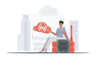 IoT concept. The guy sits on the router and holds the internet of things logo in his hands. Vector illustration in flat style.