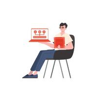 A man holds a laptop and a processor chip in his hands. IoT concept. Isolated. Vector illustration in flat style.