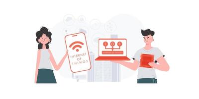 IoT concept. A man and a woman are a team in the field of the Internet of things. Good for websites and presentations. illustration in trendy flat style. vector