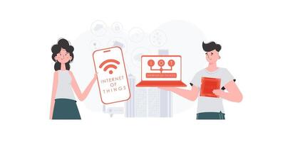 IoT concept. A man and a woman are a team in the field of the Internet of things. Good for websites and presentations. Vector illustration in trendy flat style.