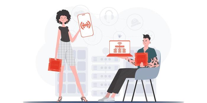 IOT and automation concept. The girl and the guy are a team in the field of Internet of things. Good for websites and presentations. illustration. vector