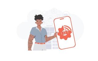 Internet de cosas y automatización concepto. un hombre sostiene un teléfono con el iot logo en su manos. de moda plano estilo. vector ilustración.