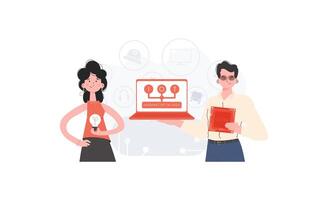 The girl and the guy are a team in the field of Internet of things. IoT concept. Good for websites and presentations. illustration in flat style. vector